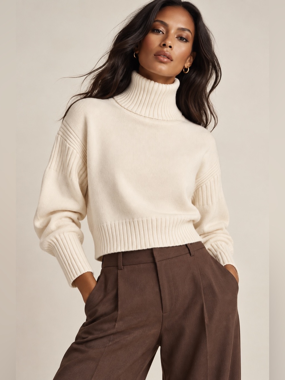 Cyrus Ribbed Turtleneck Sweater Large Cream Ivory High Neck Cropped Knit